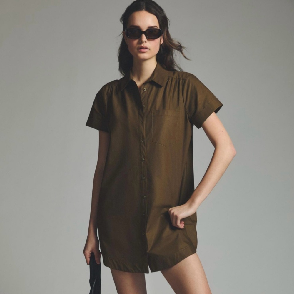 Anthropologie Maeve Francis Olive Green Mini Shirt Dress Women’s Size Small NWT